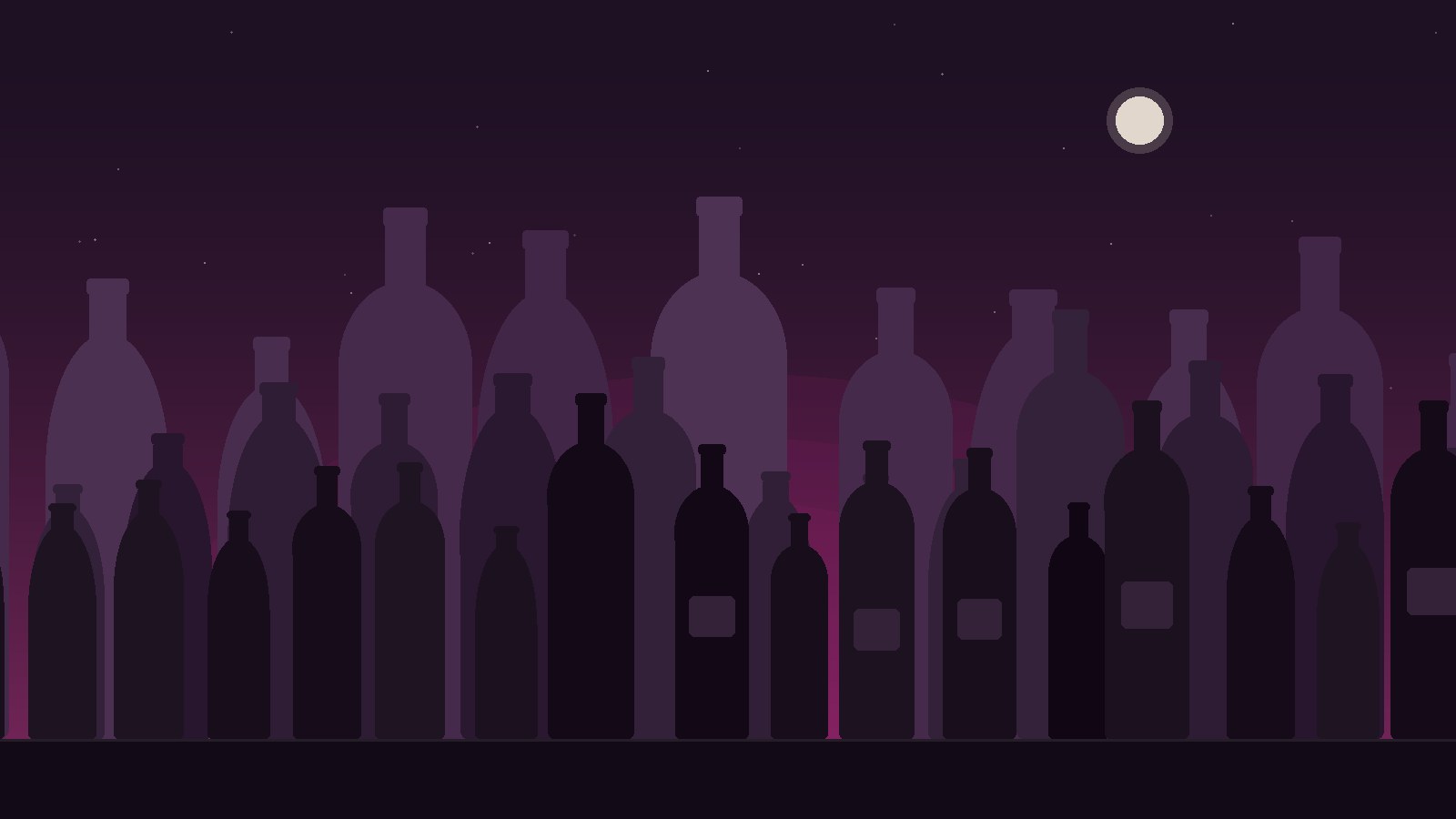 A city skyline made of wine bottles at dusk